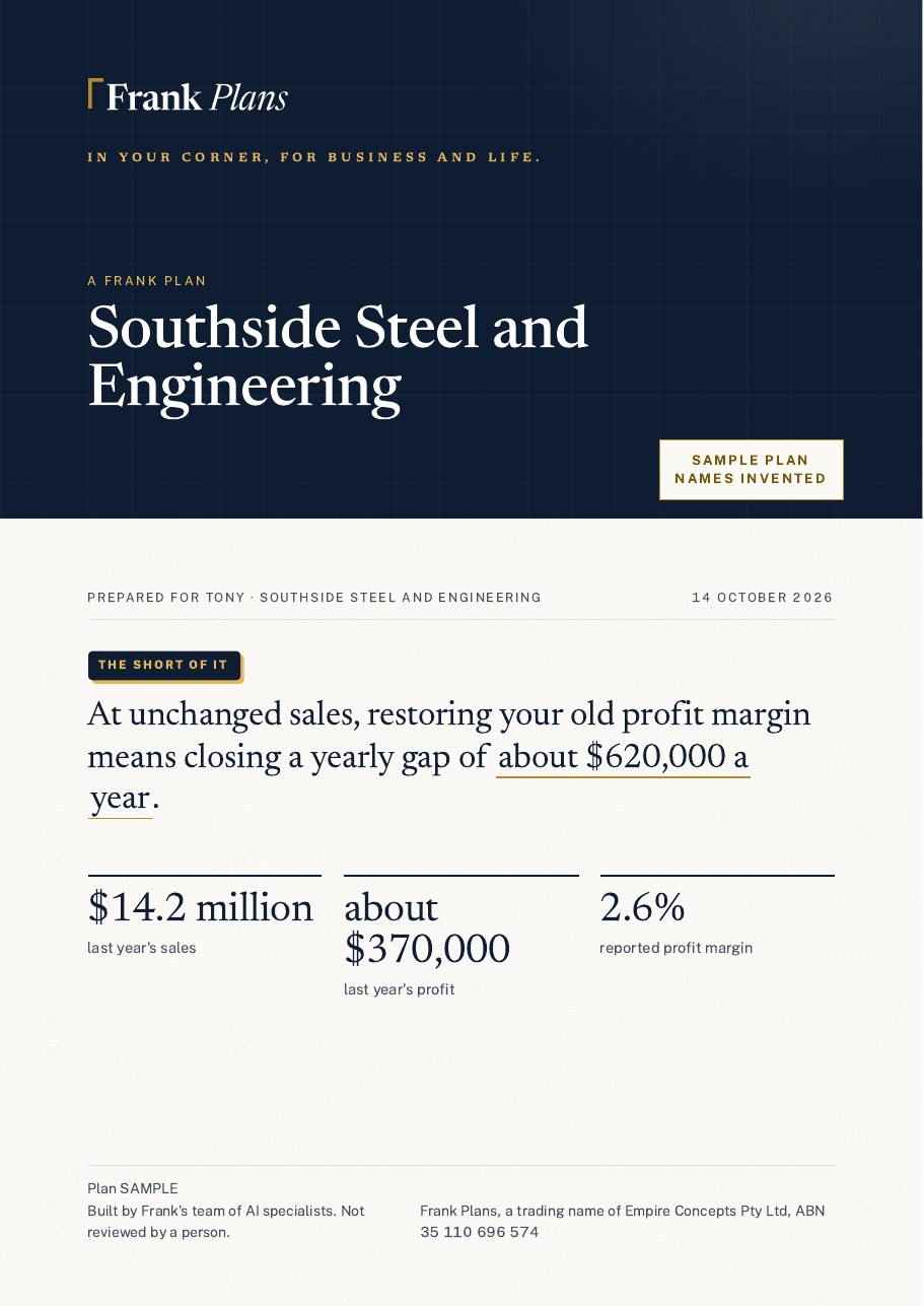 Page one of a sample Frank Plan for a made up engineering business